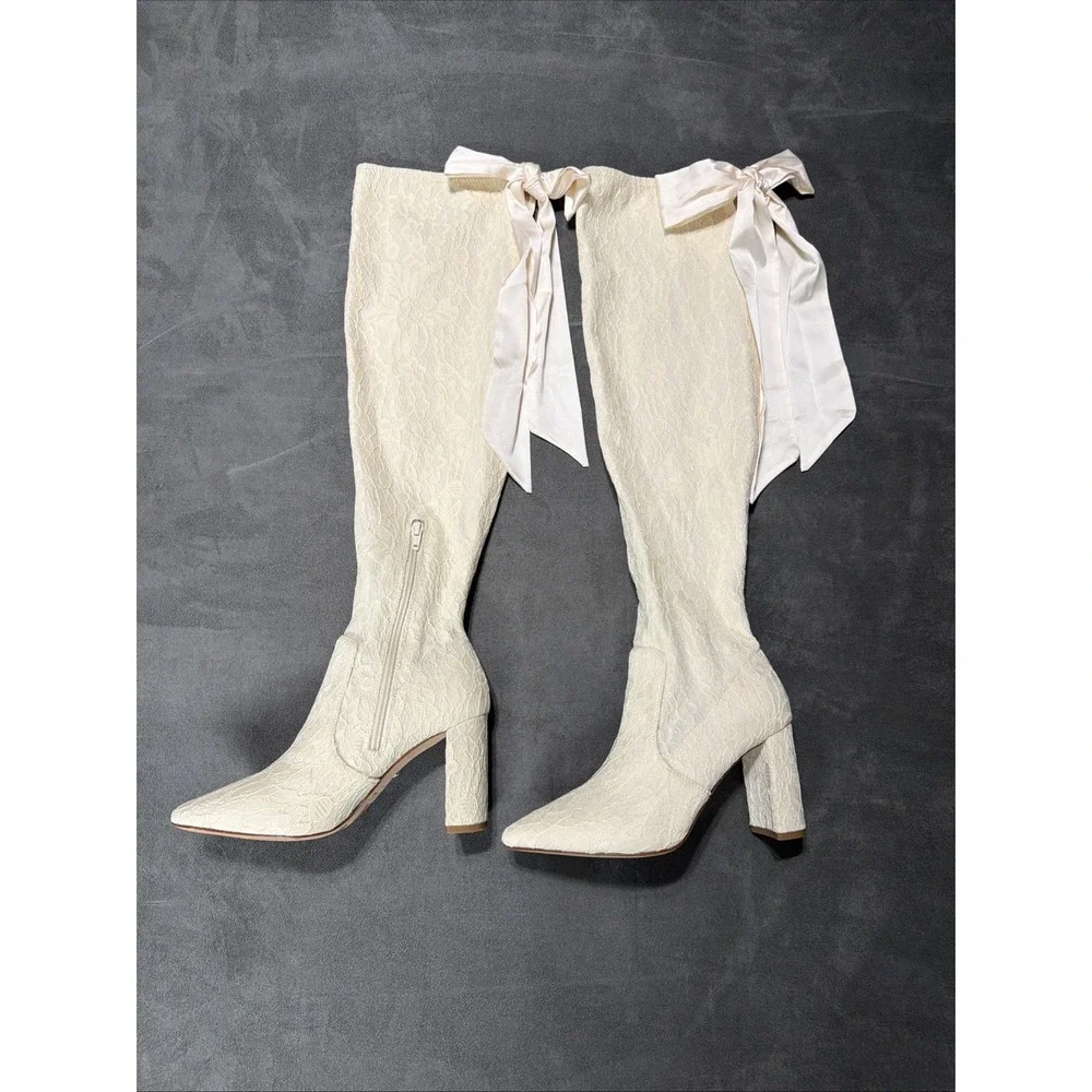 Antonio Melani x Nicola Bathie Over-the-Knee Ivory Lace Boots With Bows Size 7.5
